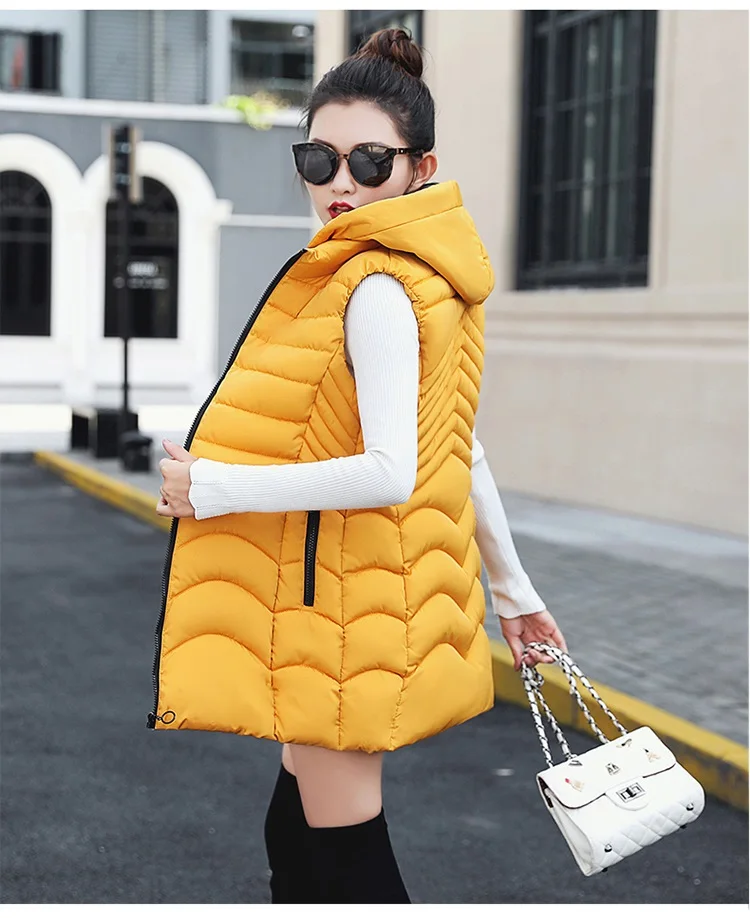 YAGENZ Women Sleeveless Jacket Winter Vest Women Down Cotton Thick Warm Vest Windproof Plus size Warm Hooded Vest Waistcoat 515 - Цвет: Yellow