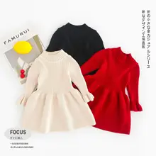 Зимнее трикотажное платье принцессы для маленьких девочек теплое трикотажное платье детское платье с длинными рукавами и воротником средней длины