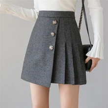 9595 Новые осенне-зимние плиссированные мини-юбки с завышенной талией, Необычные Лоскутные юбки с пуговицами, шикарные уличные юбки в ломаную клетку