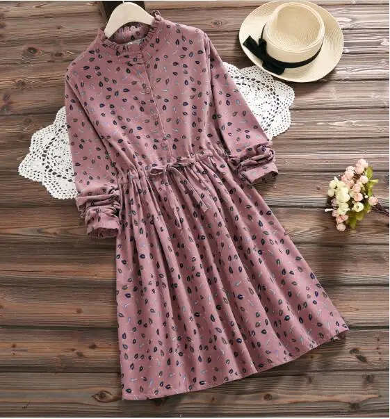 Robe Femme 2019 Spring Autumn Vintage Vestido Women Elbise Casual Loose Long Sleeve Leaves Printed Drawstring Waist Dresse AW539 | Женская