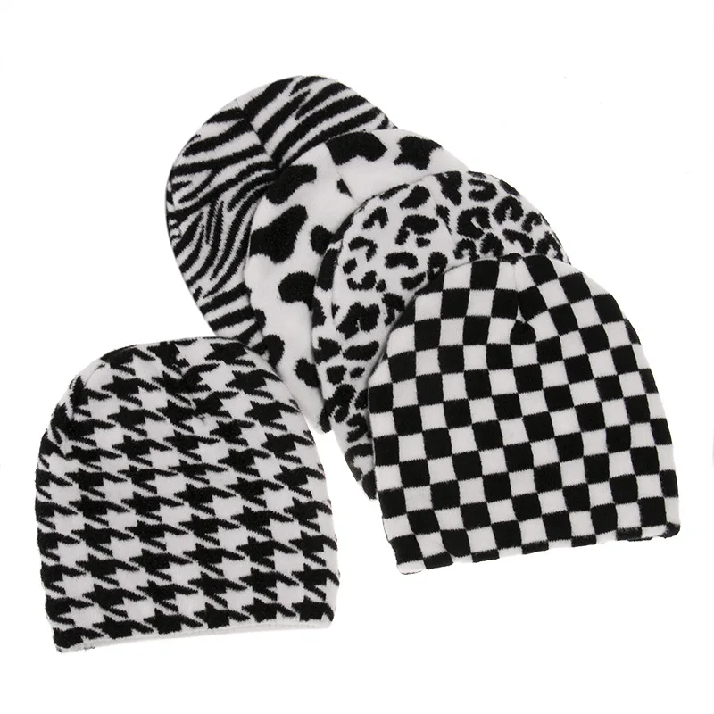 

New striped knitted hat beanies cap autumn winter hair band set warm black and white dairy wool hat