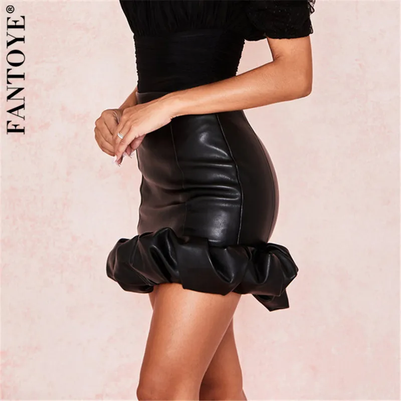 FANTOYE Vintage Elegant Black PU Skirts Women Fashion Faux Leather Bud Skirts Autumn Pleated Ladies Sexy Party Short Skirts