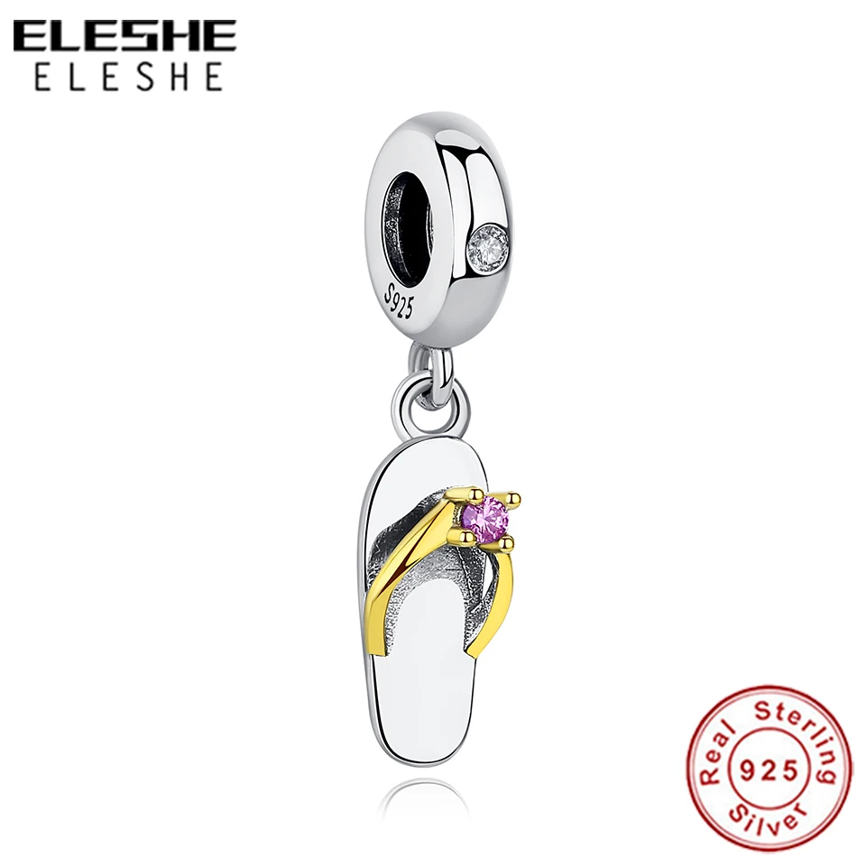 

ELESHE Luxury 925 Sterling Silver Bead Charm Gold Clear CZ Flip Flops Charm Fit Original Pandora Bracelet Necklace DIY Jewelry