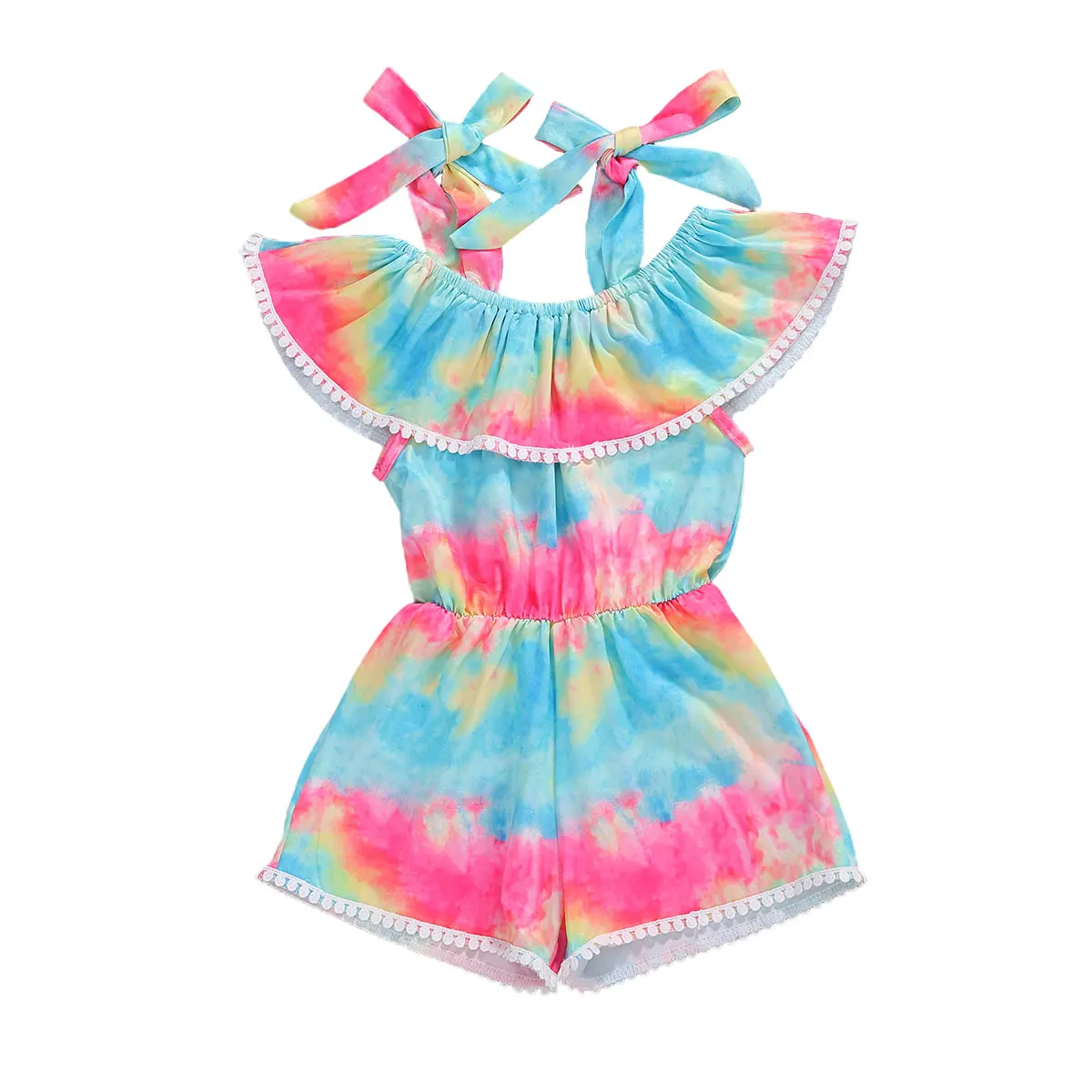 

Toddelr Baby Little Kids Girls Summer Romper Clothing Colorful Jumpsuit Tie-Dye Print Boat Neck Sleeveless Belt Playsuit Outfit