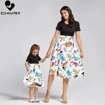 

New 2020 Mother Daughter Dresses Short Sleeve Patchwork Dinosaur Dress Mom and Daughter Sundress Family Matching Clothes
