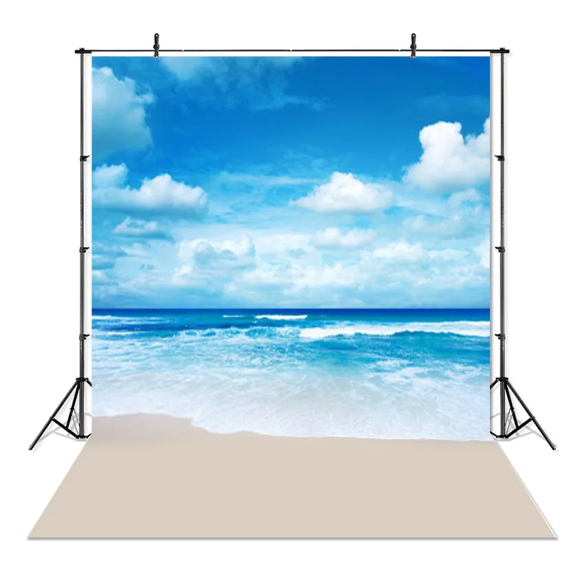 Sea Beach Sand Cloudy Blue Sky Scene Summer Beach Photography Backdrop Photo Studio Tropical Palms Coconut Tree Background Photo backdrop Photo wallpaper