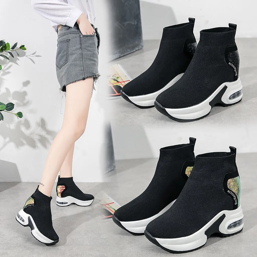 Women Boots High Top Fashion Ankle Boots Sneakers Upper Breathable Sock Shoes Thick Heel Thick Sole Platform Shoes Mujer Boots