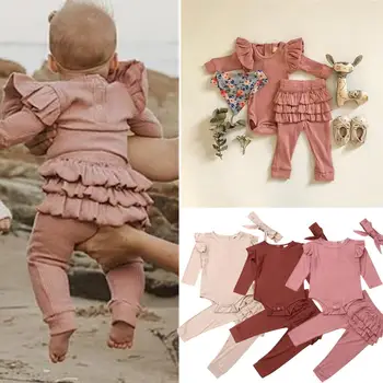 

bunvel 0-2Years Princess Girl Clothes Set Ruffle Fly Sleeve Romper+Solid Pants+Headband 3PCS Outfits Sets Baby Summer Clothing