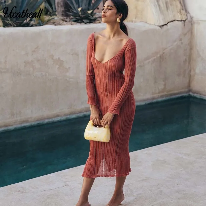 Solid Color Women Knitted Dress V Neck Sexy Slim Elastic Basic Bodycon Perspective Knit Sweater Dresses | Женская одежда