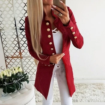 

Women Solid Color Pockets Single Breasted Button Long Sleeve Stand Neck Trench Slim Office Women Long Coat Female Outerwear