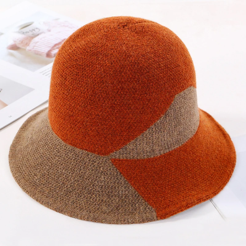 HT2768 New Fashion Knitted Hat Elegant Warm Autumn Winter Wool Hat Lady Wide Brim Bucket Hat Female Patchwork Fishing Bucket Cap