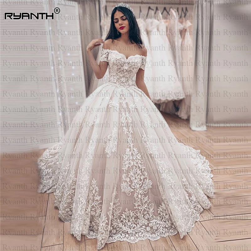 Роскошное платье Vestido de noiva 2019 новое бальное платье с коротким рукавом и открытыми плечами кружевное на заказ платье на спине de soiree