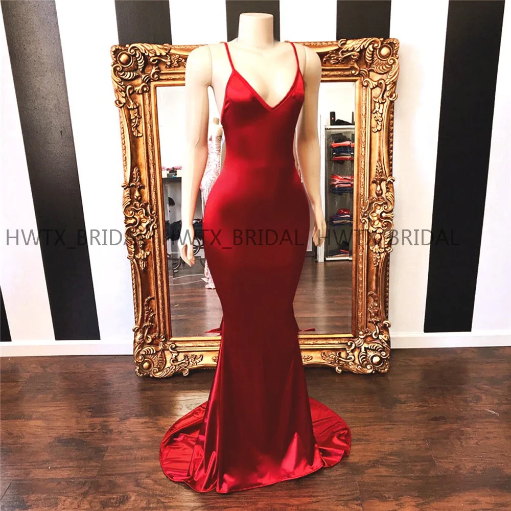 

Sexy Red Long Evening Dress 2020 Spaghetti Straps Mermaid Elastic Satin Formal Party Prom Dresses Vestidos de fiesta de noche