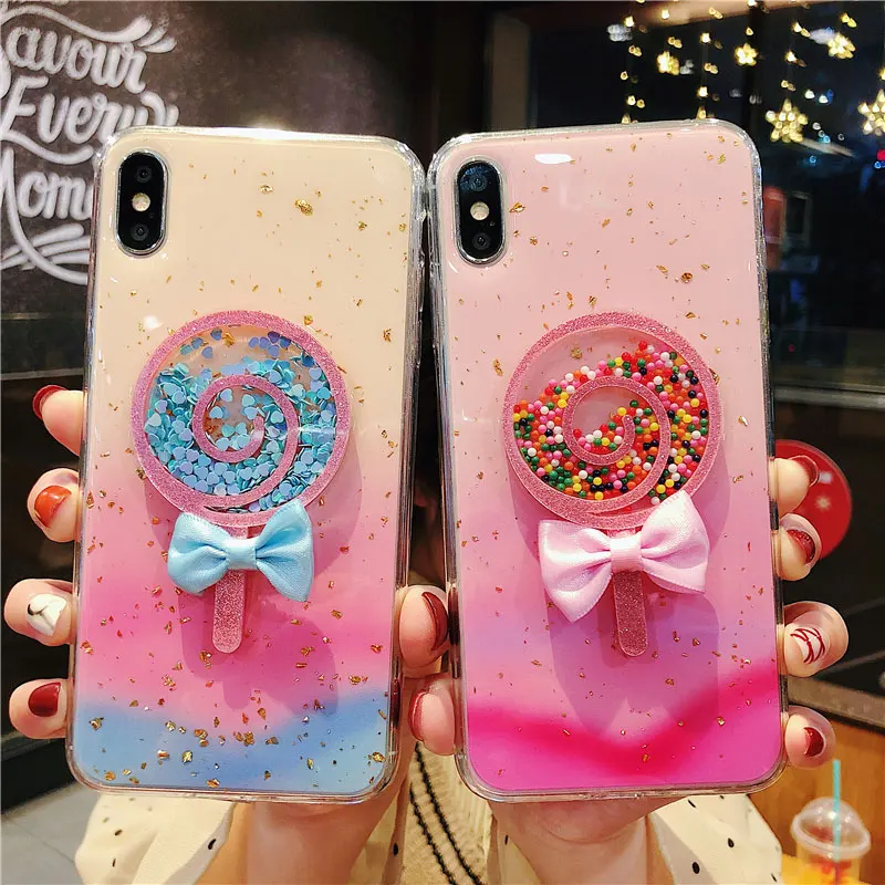 

Cute Dynamic Beads Lollipop Candy Phone Case For iPhone 11 X XR XS MAX 7 Plus 6s Plus Flow Sand Case Bow Soft Shell Protective