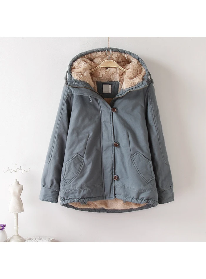 Liva/зимняя куртка для девочек; Женская куртка в Корейском стиле для студентов; милое свободное утепленное кашемировое пальто с капюшоном; женская короткая однотонная ветровка