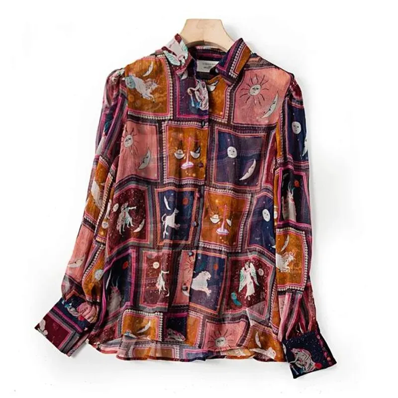

Women Silk Long Sleeve Shirt Blouse 2020 New Spring Summer Printed Turn-down Collar Single Breasted Office Ladies Tops