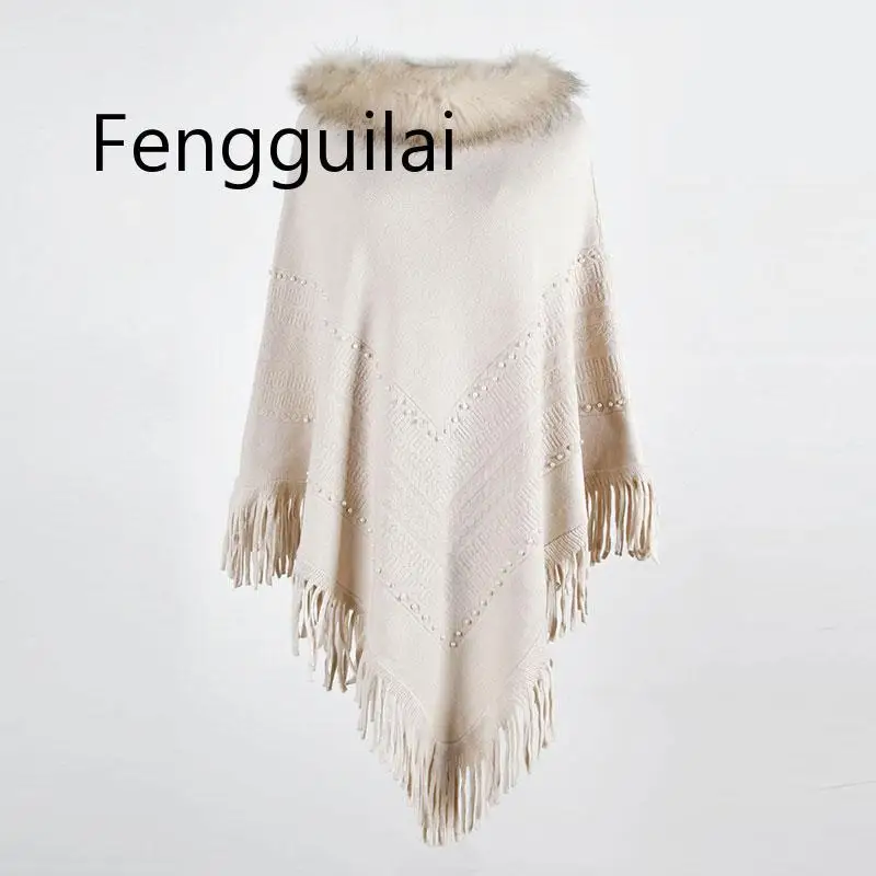 FENGGUILAI New Sweaters 2020 Faux Fur Collar Pullovers Autumn Winter Knitted Outwears Elegant Beading Cloaks Purple Tassel Wrap FENGGUILAI New Sweaters 2020 Faux Fur Collar Pullovers Autumn Winter Knitted Outwears Elegant Beading Cloaks Purple Tassel Wrap