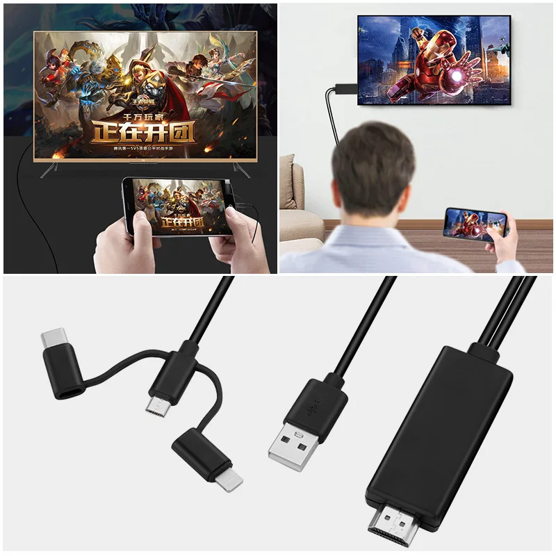 3 в 1 HDTV кабель для iPhone iPAD USB C Micro USB к HDMI кабель для смартфона планшета монитор USB 2,0 разъем адаптер питания