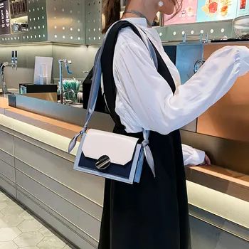 

Contrast color Leather Crossbody Bags Elegant Female Ribbon Tote Bag New Quality Flip Square bag Chain Shoulder Messenger Bags