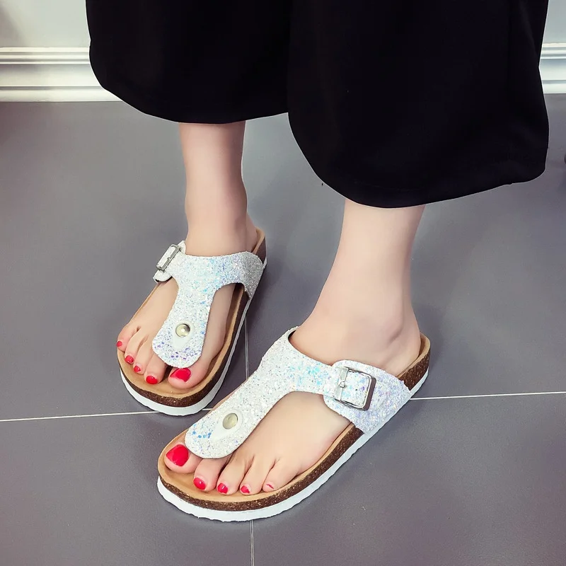 

2019 New Summer Beach Cork Slippers Women Casual Sandals Double Buckle Clogs Sequins Slides Women Slip on Flip Flops Men Women
