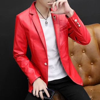 

Fashion Mens PU Leather Slim Fit Jacket Black White Red One Button Men Coat Lapel Velvet Liner Thick Warm Jackets M012