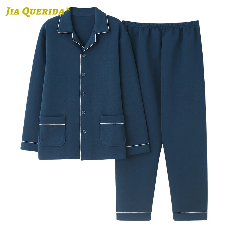 

New Front Pocket Blue Top 3 Layers Padded Cotton Homesuit Homeclothes Pajamas Set Turn Down Collar Warm Winter Pijamas Set