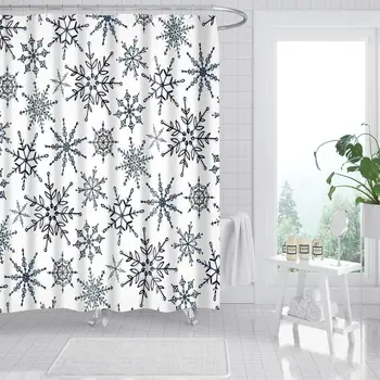 

Waterproof Thicken Christmas Grey Abstract Snowflake White Bathroom Polyester Mildew Proof Bath Shower Curtain with 12 pcs Hooks