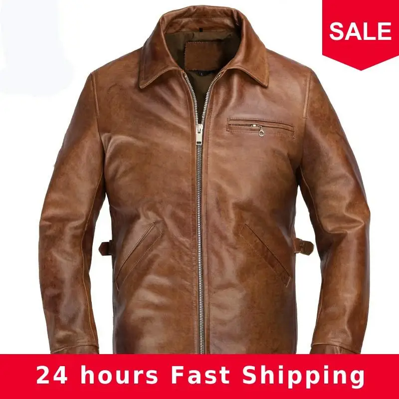 

2020 Vintage Brown Men American Casual Style Leather Jacket Large Size XXXL Genuine Cowhide Autumn Fashion Leather Coat