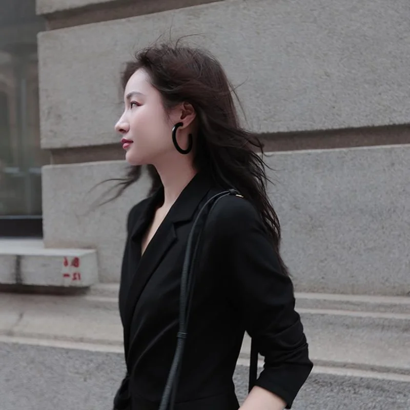 

Women's Chic Fashion Suit Collar Draped Mid-length Dress Retro Long Sleeve Side Tie Black Suit Commuter Skirt Vestidos