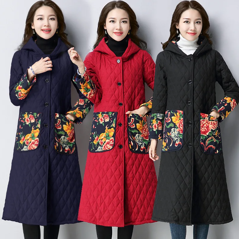 

Winter New Style Literature And Art Large Size Thick Quilted Hooded Printed Warm Mid-length Middle-aged Women Dress Cotton Coat