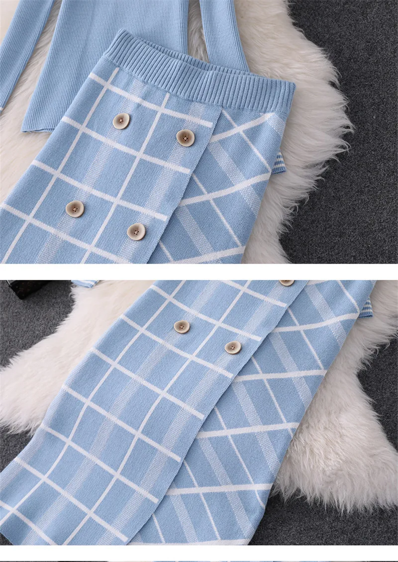 Top Brand Designer Women Sweater Skirt 2Pcs Set 2019 Autumn Winter High Neck Knit Top+Plaid Skirt Suit Set Lady Twinset