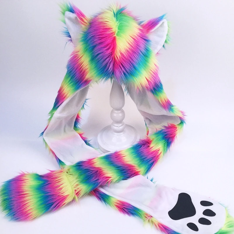 Women rainbow stripes furry animal hoodie hat 3 in 1 multifunctional winter hat,fashion hat,fur hat,earflap hat,faux fur hat