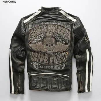 

2020 Fashion Punk Style Vintgae Motorcycle Jacket Men Cowskin Genuine Leather Jacket Black Slim Skulls Embroidery Biker Coat