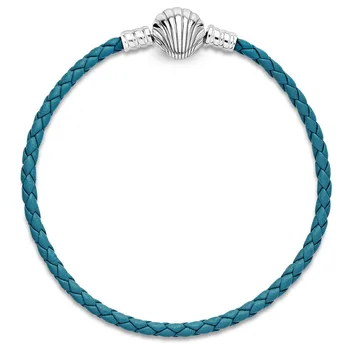 

New 925 Sterling Silver Bracelet Moments Seashell Clasp Turquoise Leather Bracelet Fit Europe Bangle Bead Charm DIY Jewelry