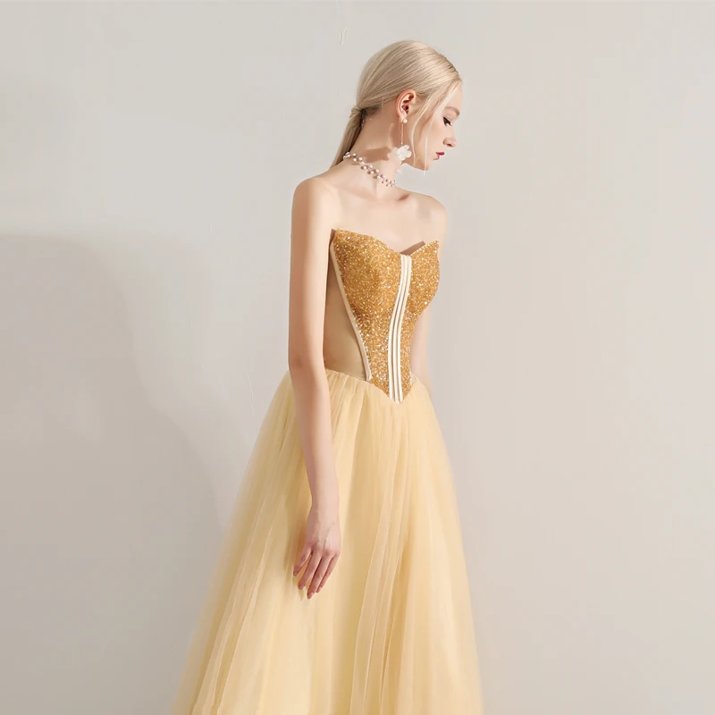 SSYFashion New Elegant Prom Dress Luxury Gold Sequins Beading Strapless Sleeveless A-line Long Party Prom Dress Robe De Soiree