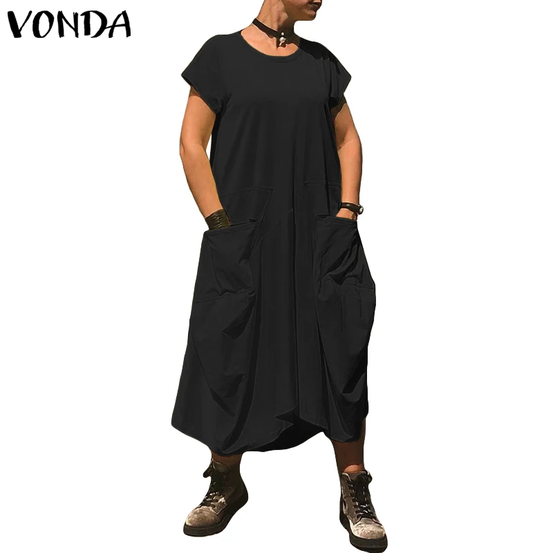 VONDA, женские летние платья,, Женские винтажные однотонные платья с коротким рукавом и пуговицами, негабаритный сарафан, Femme Robe S-5XL Vestidos - Цвет: Черный