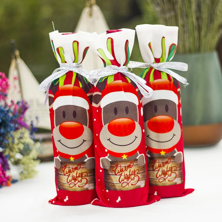 Новогодние красные чехлы для винных бутылок сумка Санта Клаус Снеговик льняные Чехлы для бутылки шампанского Рождественская вечеринка домашний декор стол