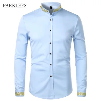 

Gold Embroidery Western Shirt Men Brand New Mens Dress Shirts Stand Collar Button Up Shirts Chemise Homme Camisa Masculina XXL