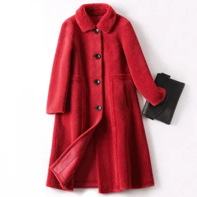Red Winter Coat Women Korean Long Granule Sheep shearing Fur coat High quality Single-breasted Loose Warm Women Fur Jacket Overcoat - Цвет: Red
