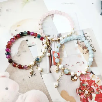 

Hipster Natural Cat's Eye Stone Beaded Bracelets Strawberry Crystal Tassels Pendant Jewelry Bracelet