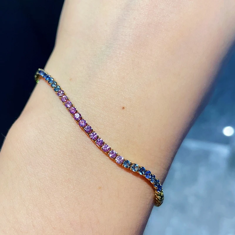 Aazuo 18K Pure Yellow Gold Natrual Different Clour Sapphire Classic Tennis Bracelet For Woman Upscale Trendy Engagement Party