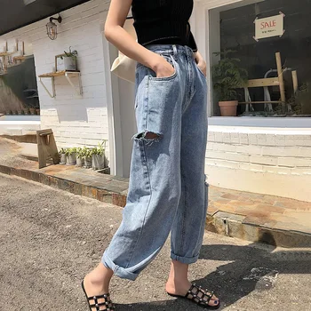 

Ripped Straight Jeans Woman Hole High Waist Jeans Boyfriend Trousers Jeans Denim Plus Size Korean Pants Vintage Pocket 2019 V612