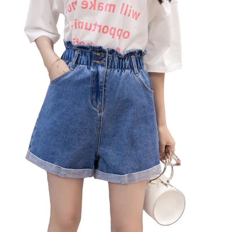 Navy blue Aummer/джинсовые шорты с эластичной резинкой на талии; модные шорты; милые шорты с широкими штанинами для девочек; Новинка года; свободная одежда с высокой талией; MK426 - Цвет: Navy blue