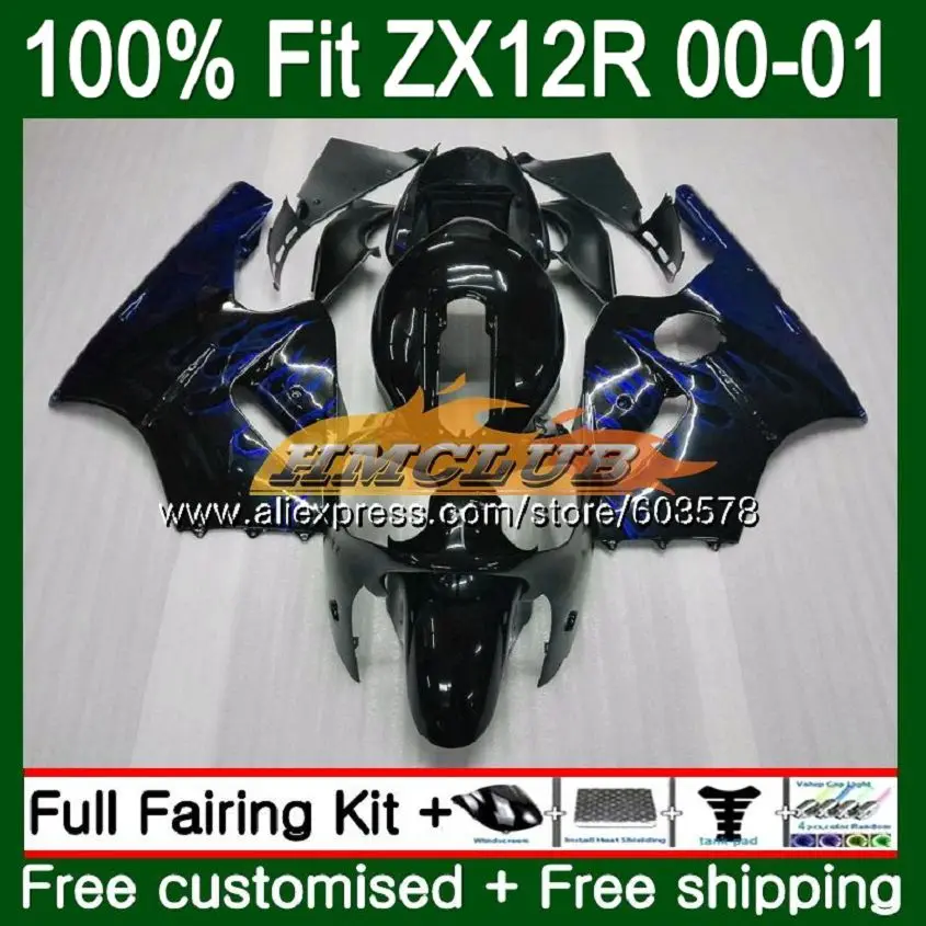 Подходит для литья под давлением для KAWASAKI ZX 1200 1200CC ZX12R 00 01 112CL. 67 ZX1200 ZX 12 R 12R ZX-12R 2000 2001 синий пламя обтекатель oem