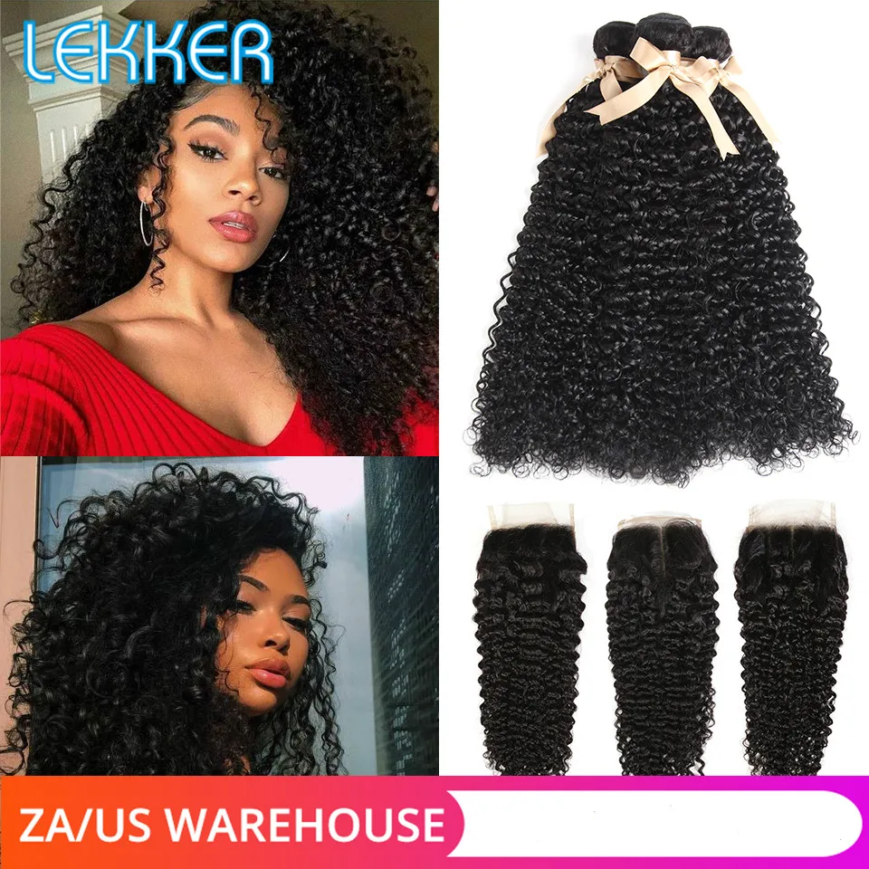 Lekker Hair Kinky Curly 3 Bundles With Closure Malaysian Curly Human Hair Bundles With Closure Remy Natural Hair Extensions