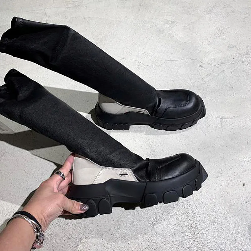 Velvet lining Новинка года; зимние эластичные сапоги; женские черные сапоги до колена на толстой подошве; женские рыцарские сапоги из натуральной кожи для подиума; женские сапоги для отдыха - Цвет: Velvet lining