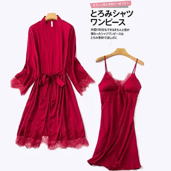 

Lace Patchwork Bathrobe 2PCS Robe Set Women Sexy Kimono Gown Intimate Lingerie Satin Nightdress Nighty&Robe Suit Casual Homewear