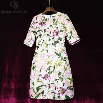 

Qian Han Zi 2020 Fashion Designer Summer Dress Women short sleeve lily flower Printed applique Beading elegant jacquard dress