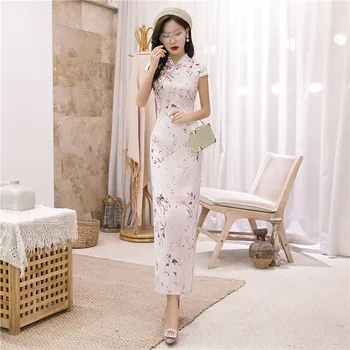 

Plus Size 3XL Cheongsam Satin Women Silky Qipao Print Flower High Split Evening Party Dress Sexy Chinese Traditional Vestidos
