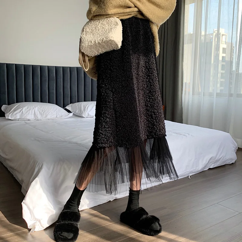 

Ins Autumn Winter Fleece Mesh Patchwork Skirts Elegant Women Midi Skirts Wool High Waist A-line Female Girls Ruffle Tiered Skirt